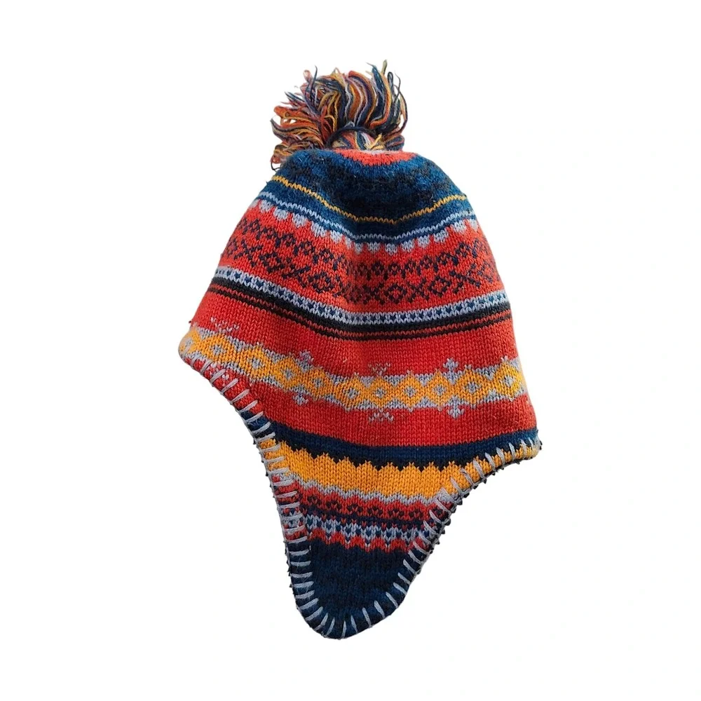L.L. Bean Nordic Fair Isle Pom Beanie Hat Fleece Lined Ear‎ Flaps Kids S M